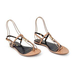 Saint Laurent Cassandra YSL T-Strap Flat Sandals Tan Leather Size 37 US 7 Women